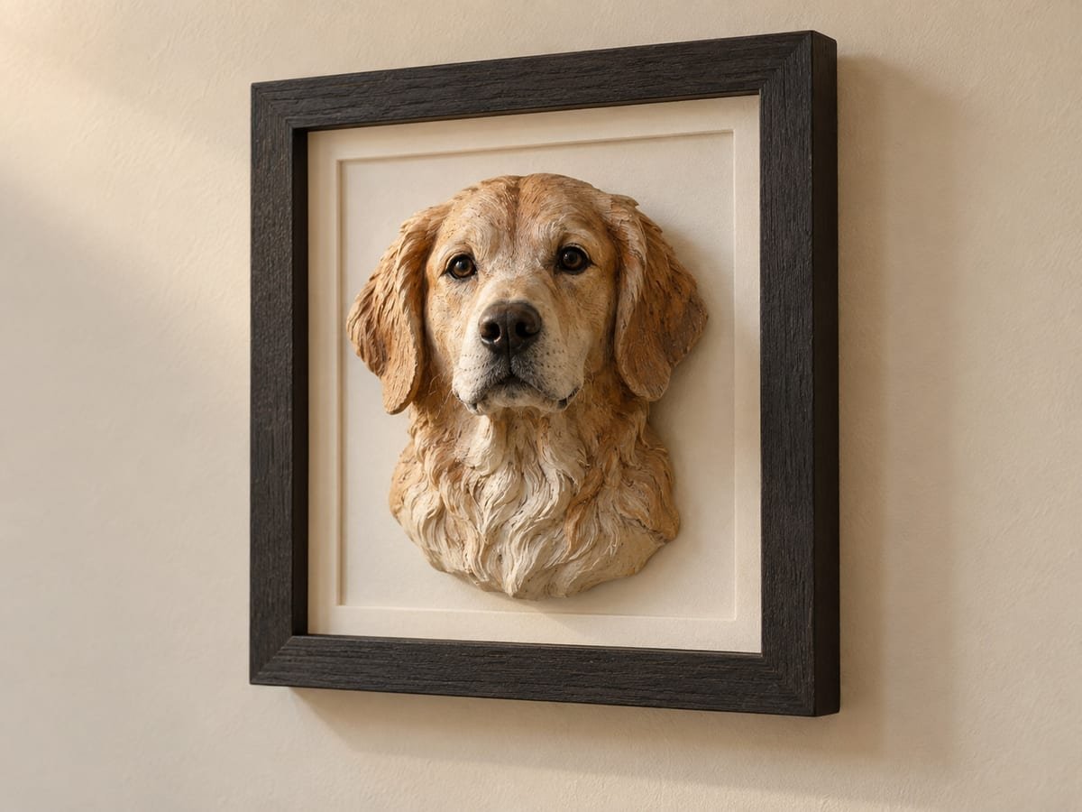 Busto en relieve de un perro montado en un marco oscuro colgado en la pared