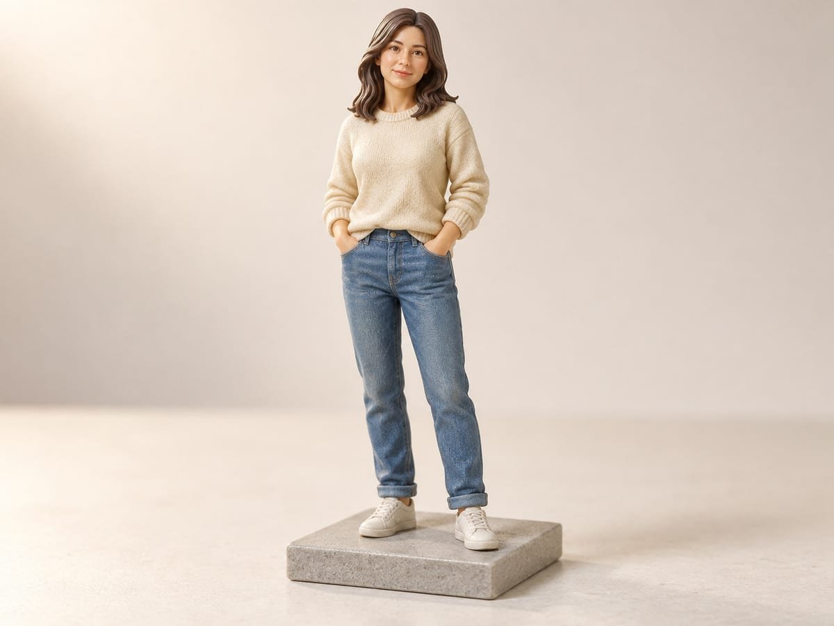 Figura impresa de una persona de pie sobre una peana de piedra